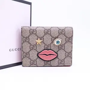 Pre-owned GUCCI LEATHER Small Leather Goods GG Supreme Monogram Face Embroidered Card Case Wallet Pink W21176