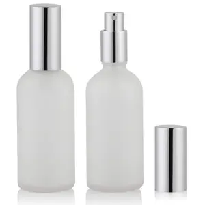 2 Pack Empty Frosted Glass Spray Bottle 3.4oz - Fine Mist Perfume Atomizer - Organiser, Tin Aluminium Canister