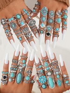 boho style turquoise texture rings set, vintage style rings, fashion accessories for women & girls, trendy all-match & exquisite jewelry for birthday gift
