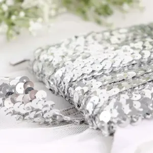 1"x10 Yards Metallic Silver Sequin Stretch Fabric Ribbon, Elastic Lace Trim, Shiny Glitter Craft Fabric