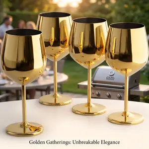 18oz Gold Stainless Steel Wine Glasses Set of 4, Durable Goblets, Unbreakable Elegant Cups for Backyard BBQ Patio Outdoor Party