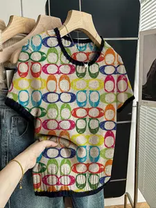 Women's Animal Print Short Sleeve Sweater, Casual Style Fitted Knit Top for Spring & Fall, Comfortable Warm Clothing for Daily Wear