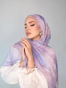 Fashion Gradient Wide Border Digital Print Cotton Linen Hijab Scarf, Elegant Floral Headscarf, Breathable Beach Long Shawl