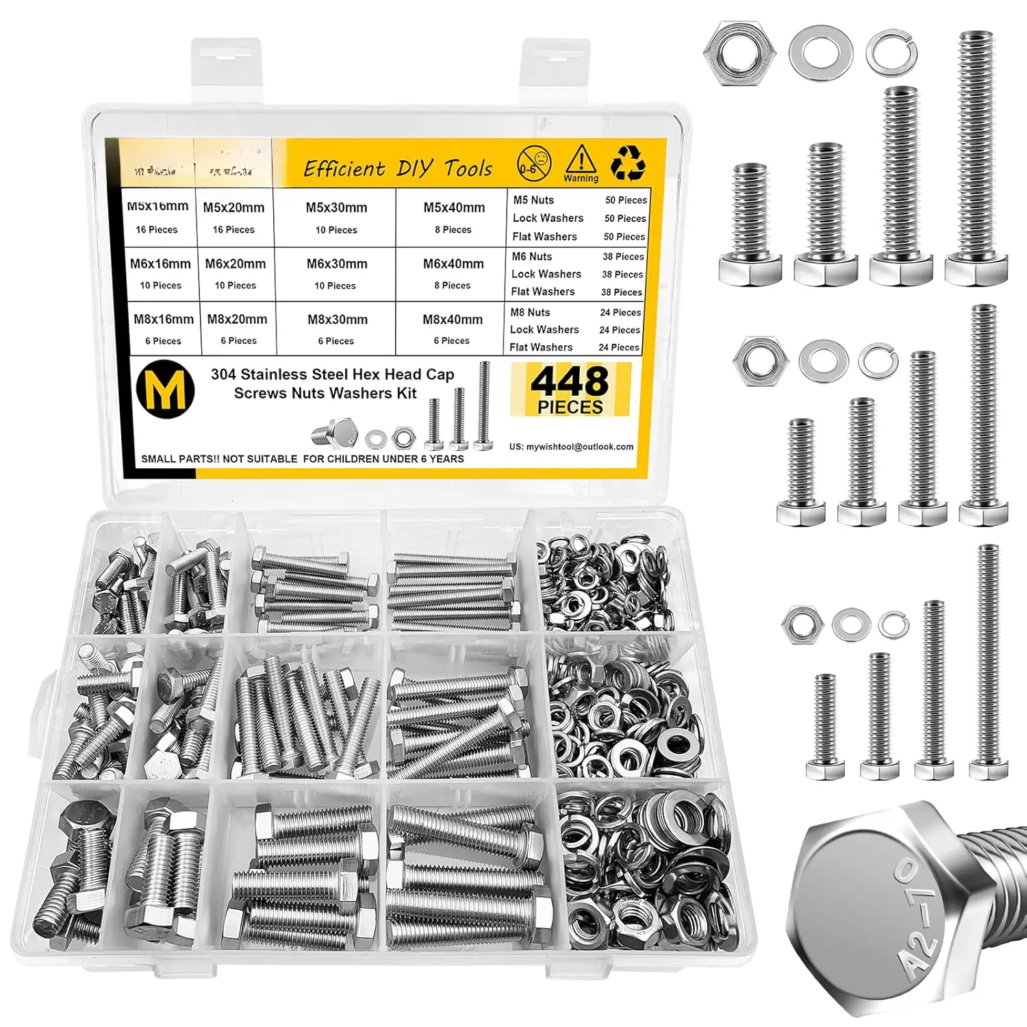 448 count M5 M6 M8 Bolt Screw Set, Metric Bolt Assortment, 304 Stainless Steel, Nut and Bolt Set Flat & Spring Washers, Hex  Cap Screws  and Nuts Kit, Fully Thread,