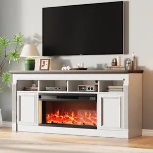 67" Rustic Farmhouse TV Stand with 36" Electric Fireplace, Media Entertainment Center for TVs Up to 75 Inch, Wood Console with Storage Cabinets & Open Shelves for Living Room
