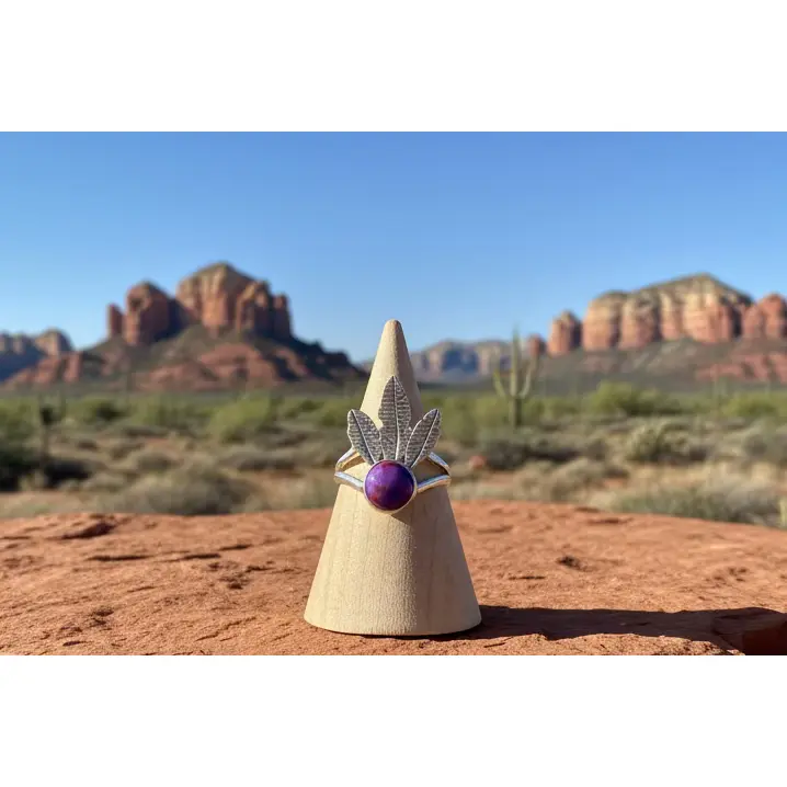Purple Mojave Turquoise & Feather Ring - size 9