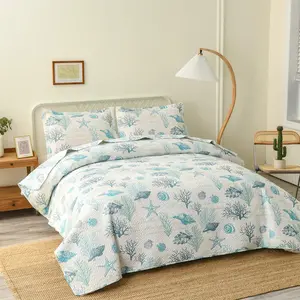 Quilt Set Full/ Size Coastal Beach Theme Bedding Lightweight Reversible Starfish Seashell Conch Bedspread Coverlet Seaweed Coral Bed Cover with 2 Pillow Shams