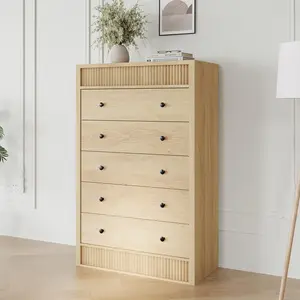 OP-Modern Wide Fluted Dresser Chest – 3 /5 Drawers, Wooden Storage Cabinet ,Functional & Space-Saving for Bedroom, Kids Room, Hallway, Living Room, Natural Oak – 3 /5 Buckets