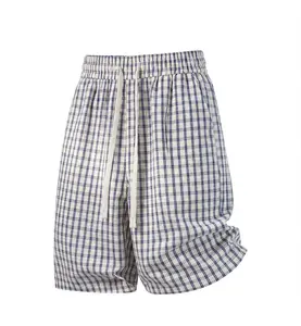 Men’s summer streetwear plaid drawstring elastic athletic shorts—retro loose wide-leg design, versatile shorts in dopamine color palettes, casual and comfortable style #SummerVibes