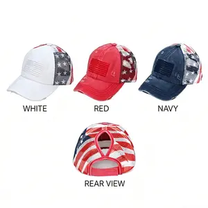 Women’s Ponytail Baseball Cap Criss Cross Messy Bun Hat, American Flag Trucker Hat, Adjustable Velcro, Embroidered Cotton Front, Summer Sports Mom Hat