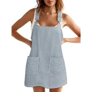 FMEYOA Womens Casual Striped Denim Dress Summer Pinafore Overalls Romper Adjustable Straps Jumper Dress with Pockets