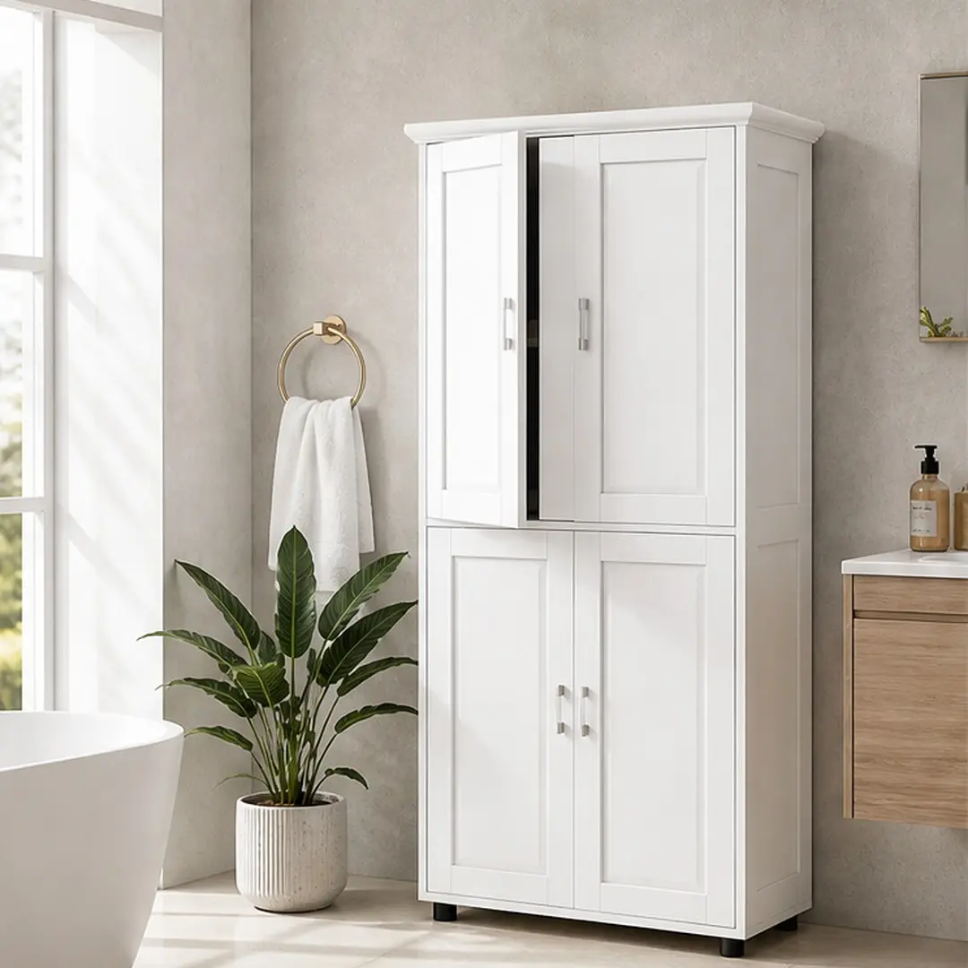 ARCH Tall Wide Multi-Purpose Floor Cabinet, Freestanding MDF Bathroom Storage Unit with 4 Doors & Adjustable Shelves, Waterproof Easy-Clean Anti-Tip, 15.64Wx31.29Dx62.28H in, for Bathroom Laundry Office, Multi-Purpose Floor Cabinets
