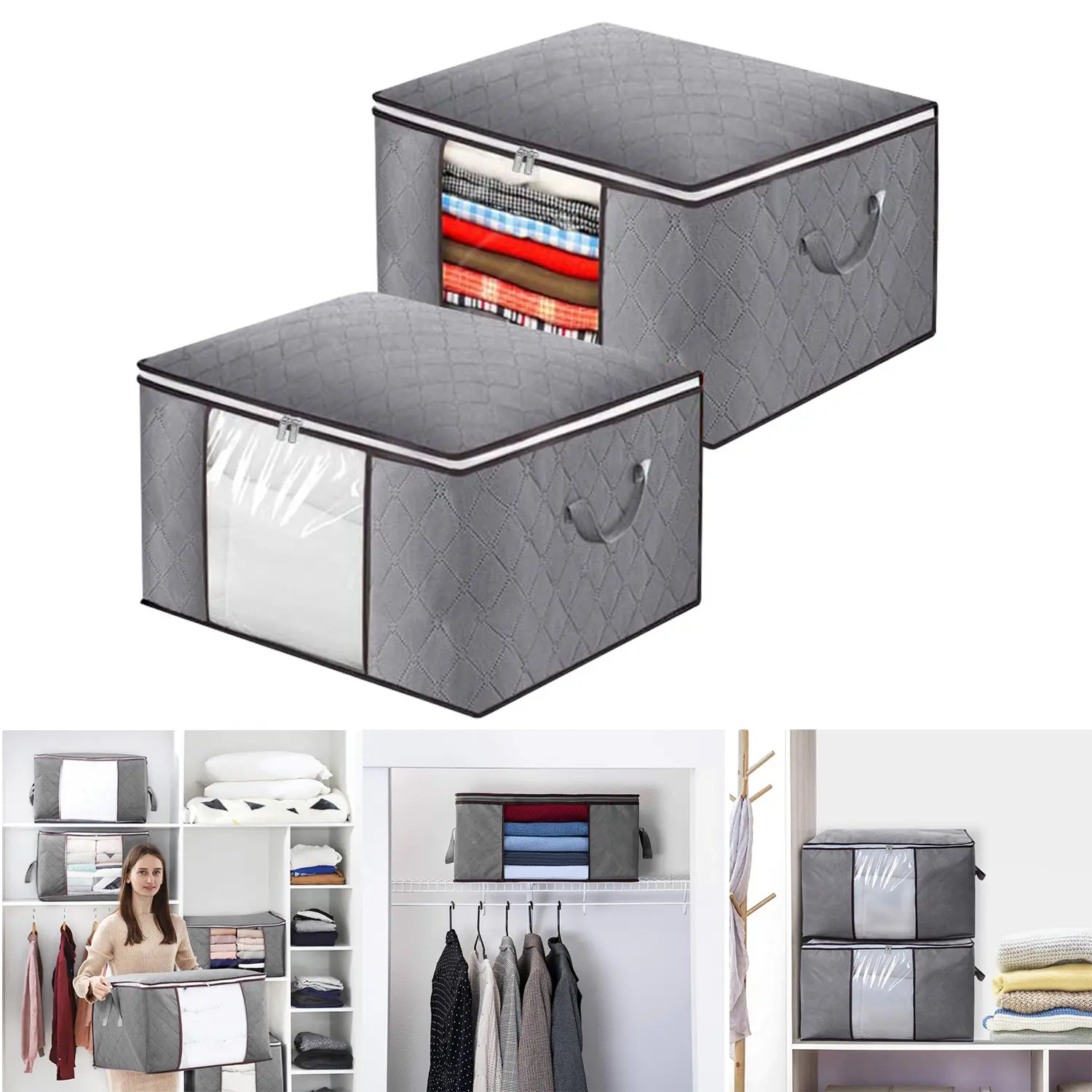Large Storage Bags, Thick 3-Layer Non-Woven Fabric Bedding Organizer with Clear Window, Zipper and Handle, Space Saving Foldable Storage for Comforter Blanket Quilt Pillow Clothes Home Closet Organization