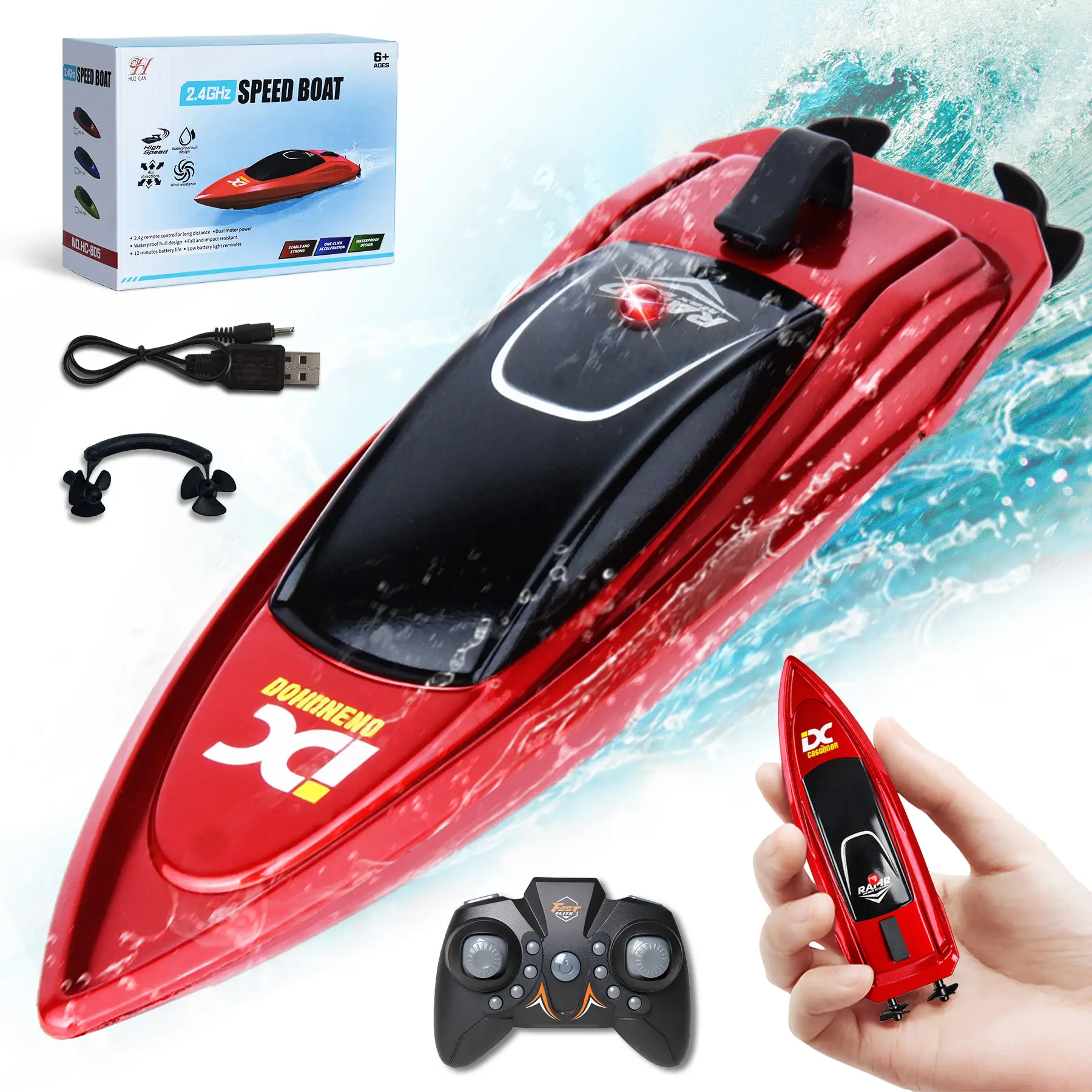 【FREESHIP-NEW】HOSIM Compact Mini RC Racing Boat Toy - 2.4G High-Speed 4CH Model with LED Light, 2w Red Waterproof ABS Material, Play Function, Charging Capability, Boy Gifts for Kids 8-12