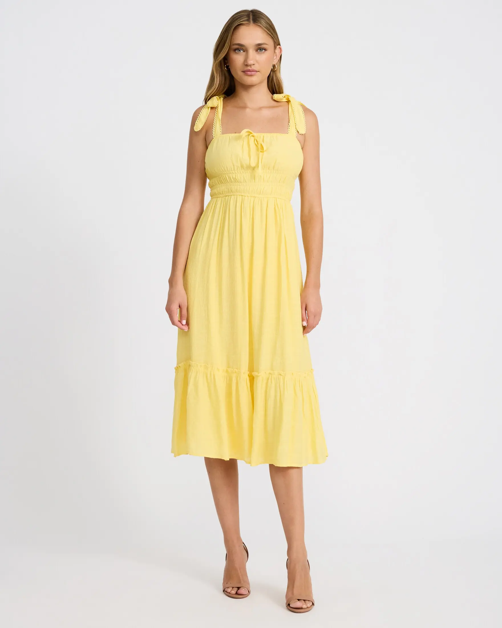 Express Eyelet Smocked Square Neck Tie Strap Tiered Midi Dress