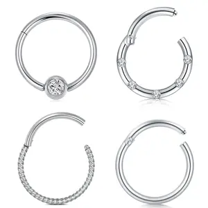 4-Pack Silver Seamless Clicker Ring Set, Multi-Style Piercing Hoops with Single Crystal, Five Crystals, Twisted & Plain Designs, Versatile Jewelry for Septum, Nose & Cartilage