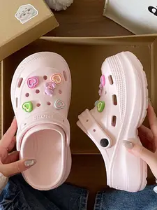 Korean Style Thick Sole Eva Holes Shoes for Women, Fashionable DIY Cute Cartoon Outdoor Comfortable Lightweight Beach Sandals