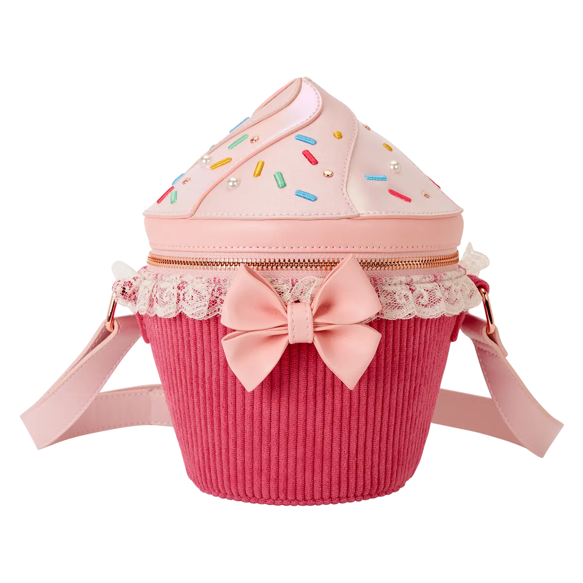 Loungefly Sweet Cupcake Figural Crossbody Purse with Shimmer Faux Leather, Velvet Corduroy, 3D Bow, and Faux Pearls, Fashion Crossbody Handbag, One Size