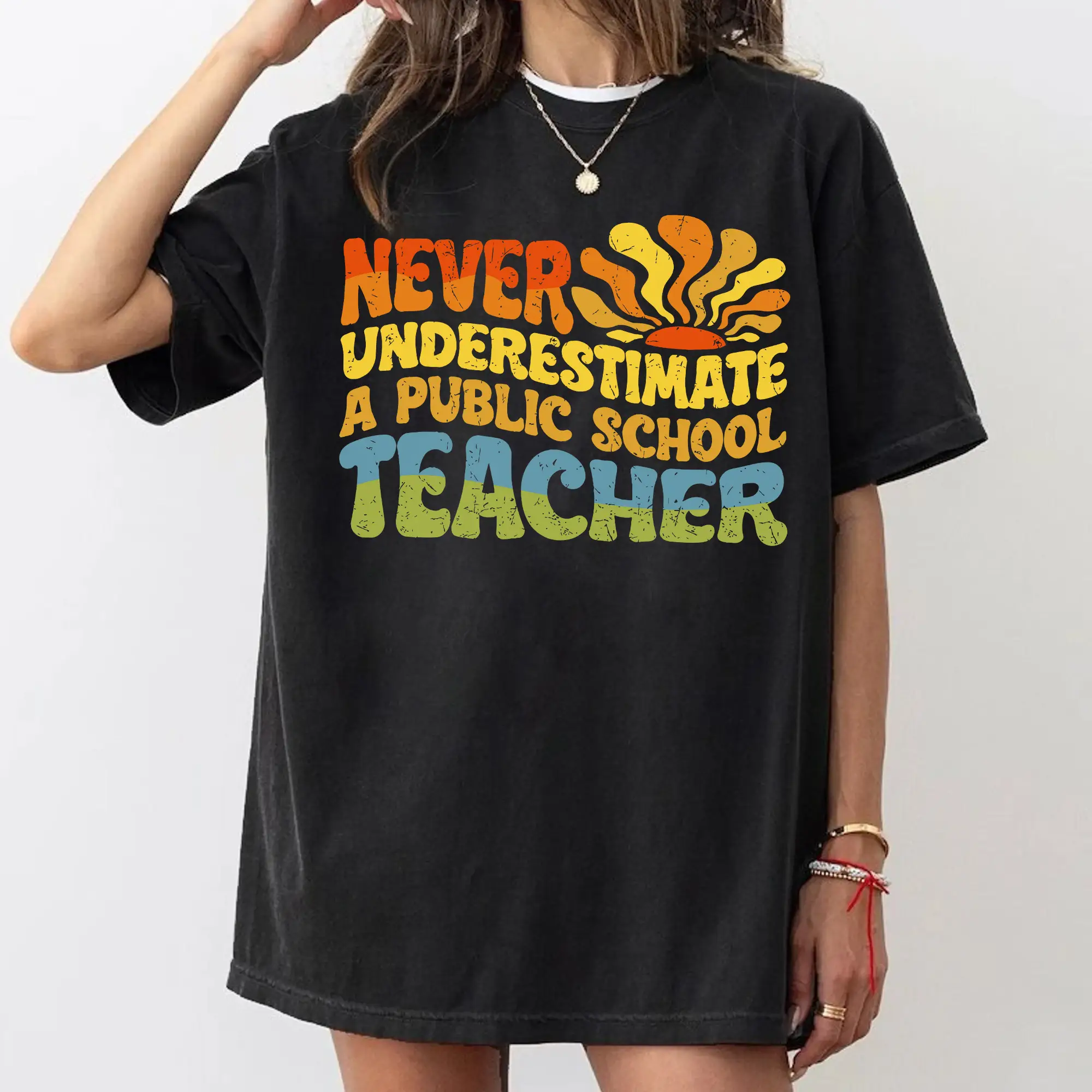 Never Underestimate A Public School Teacher Shirt, Kamala Harris Shirt, Harris Walz 2024 Shirt, Democrat Vote 2024 Shirt Cotton Crewneck