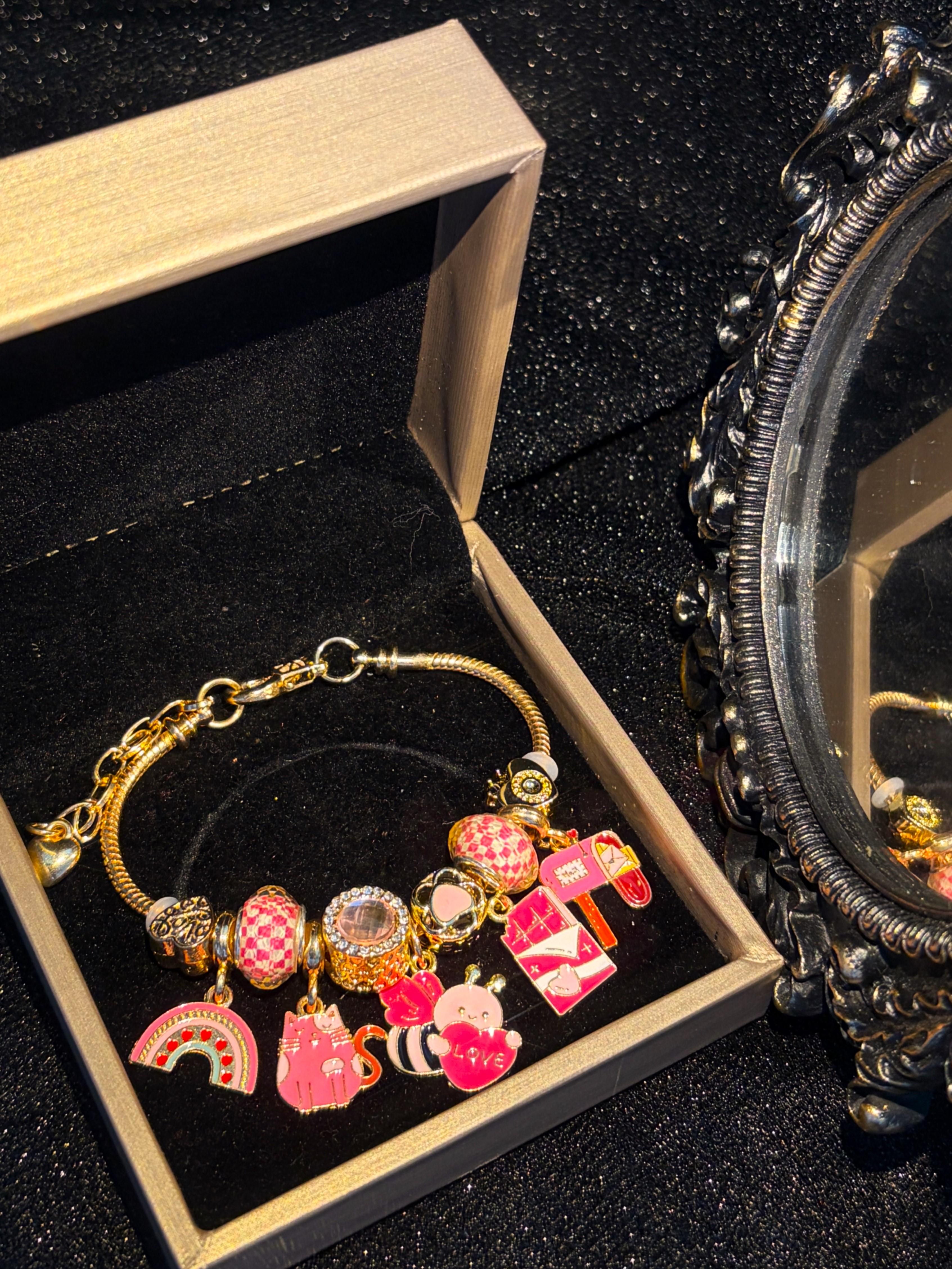 Women's Gold-Tone Snake Chain Charm Bracelet with Cute Pink Love-Themed Enamel Dangle Charms, Birthday Costume Jewelry Gift Women's Gold-Tone Snake Chain Charm Bracelet with Cute Pink Love-Themed Enamel Dangle Charms, Birthday Costume Jewelry Gift