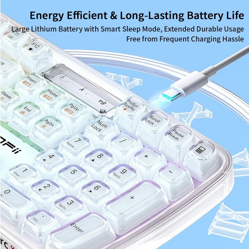 MOFii 708 RGB Backlit Full-Size Keyboard, Stylish White Transparent Keycaps, Tri-Mode Rechargeable, US Qwerty, Compatible with Phones & Tablets, Must-Have for Office & Gaming