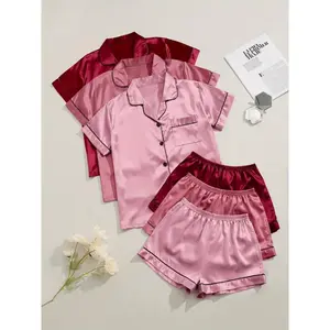 3 sets 3-Piece Satin Pajama Set for Women: Short Sleeve Lapel Top & Elastic Waistband Shorts Loungewear Nightwear Casual Fabric