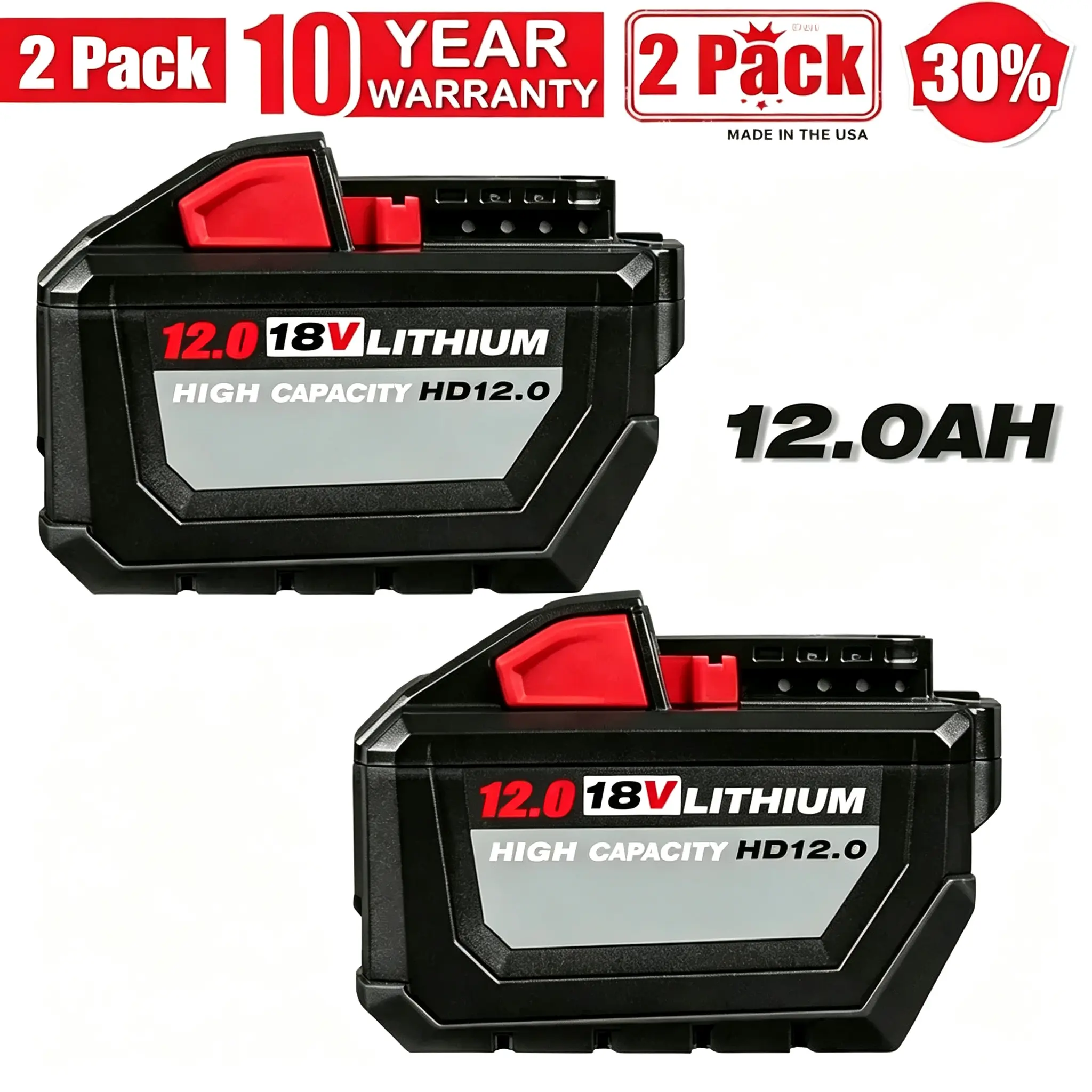 12.0Ah Replacement  for Milwaukee 18V M18 Lithium-Ion Battery, Compatible with 48-11-1850/1860/1880, High Capacity Extended Runtime Battery Pack with LED Indicator & Protection System, 2-Pack