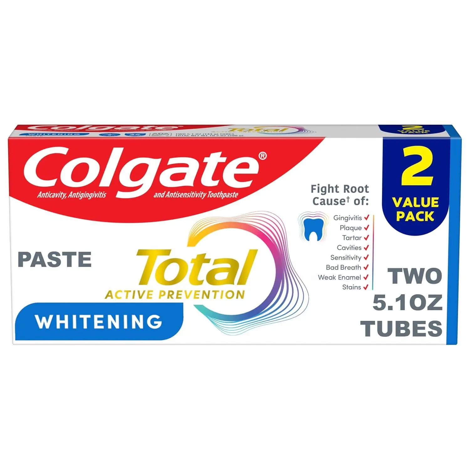 Colgate Total Whitening Fluoride Toothpaste, Mint, 2 Pack, 5.1 oz | Antibacterial, Antigingivitis, Antisensitivity, Stain Removal, Strengthens Enamel, Freshens Breath