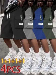 Men’s cargo shorts, pack of 4 — casual solid-color loose-fit cargo shorts with side pockets and a drawstring waist, suitable for summer outdoor leisure and work