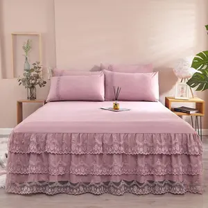 Solid Color Ruffle Trim Bed Skirt Set, 1 Count Bed Skirt & 2 Counts Pillowcase without Filler, Bedding Set for Home Bedroom Hotel Dormitory