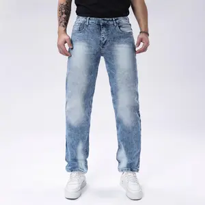 Men's Snow Wash Denim Jeans, Straight Leg Casual Streetwear Pants