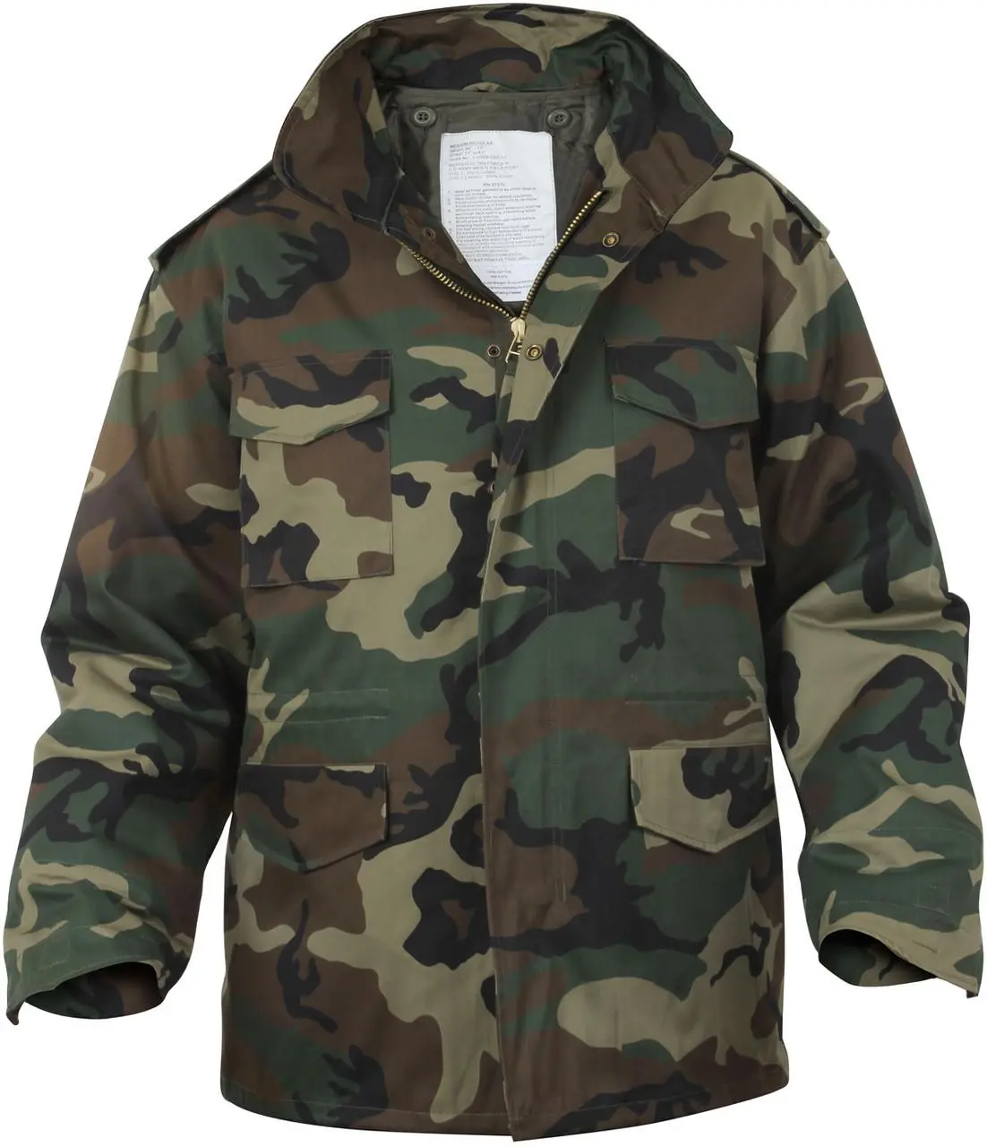 Men's Woodland Camouflage M-65 Field Jacket with Hook-and-Loop Closures, Bi-Swing Back, and Button-In Liner, Collared Neck