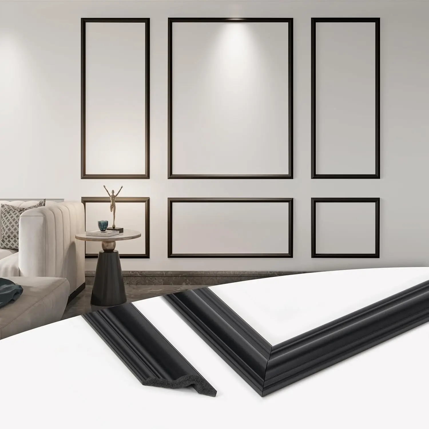 Pre-Cut Wall Molding Set of 6 count, Ready-to-Assemble Wainscoting Panels for Interior Wall Decor Living Room Bedroom Accent Wall - Installed with Glue, 3 Top 3 Bottom, Black