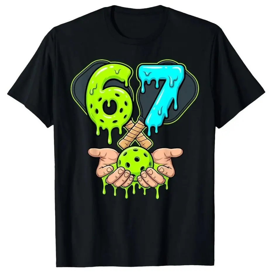 Unisex Slime Drip Pickleball T-Shirt | Funny Melting Number 67 Graphic Tee | Trendy Neon Paddle Sport Clothes for Men Women