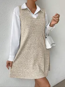 Women's V Neck Loose Knit Vest Dress, Simple and Clean Design, Versatile Style Change, Suitable for Spring/autumn/winter Seasons