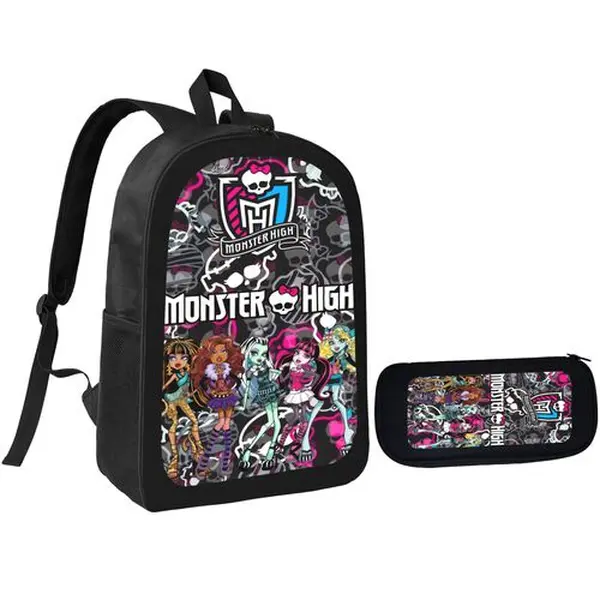 2Pcs Monster High Cartoon Print Backpack Set Unisex, 17 Inch Large Capacity Laptop Rucksack with Pencil Pouch, Spacious Student Bookbag for Middle High School, Ideal Birthday Festival Party Gifts