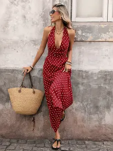 Women's Polka Dot Boho Bohemian Vintage Tie Neck Deep V Long Dress, Backless Design, Perfect for Summer Vacation and Daily Wear, Mother's Day Festival, Womenswear