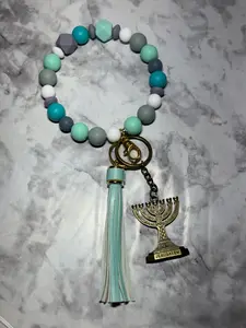 Teal and Gray Wristlet with Jerusalem Keychain 13 15/16 inch Non-Stretchy Beaded Tassel Accessory for Versatile Use as Purse Charm Wallet Holder Keychain Organizer