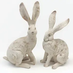 Easter Bunny Decorations Set of 2, 10 Inch Large Distressed Resin Rabbit Figurines, Spring Home Decor for Outdoor, Yard, Garden, Table,Farmhouse & Rustic Bunny Statues Decor Gifts (Large)