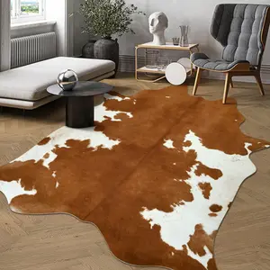 YJGWL Premium Faux Cow Hide Rug Cowhide Area Rug, 4.6 x 5.2ft  Animal Print Fur Rug Suitable for Bedroom Living Room, Western Decor Carpets for Dining Room Office, Animal Skin Area Rug, Yellow-Brown