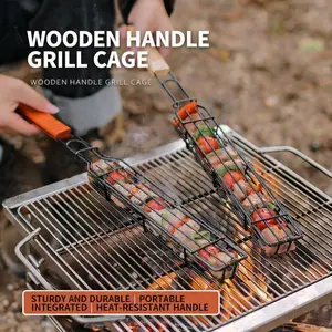 Portable Nonstick BBQ Grilling Basket - Carbon Steel Black Non-Stick Kabob Basket W/ Handle,Enjoy perfectly grilled kabobs without a skewer with these four handsome wood handled baskets.