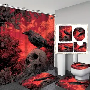 Halloween Spooky Skull Raven Print Shower Curtain Set, Includes 12 Hooks, Non-Slip Mat, U-Shaped Floor Mat, Toilet Seat Cover, Home Decoration