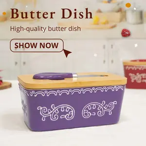 1PC, ceramic butter dish with bamboo lid and knife, butter container featuring three-dimensional embossed flower vine pattern, in red, pink, and purple, large-sized ceramic butter knife container with high-quality silicone seal, for kitchen baking and as