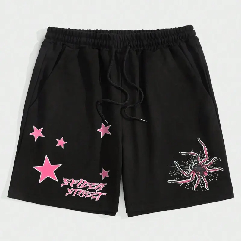 Men's Regular Fit Animal Letter & Spider Print Drawstring Waist Shorts, Casual Street Pocket Shorts for Summer, Fashion Men's Bottoms for Daily Wear, Graphic Shorts, Menswear
