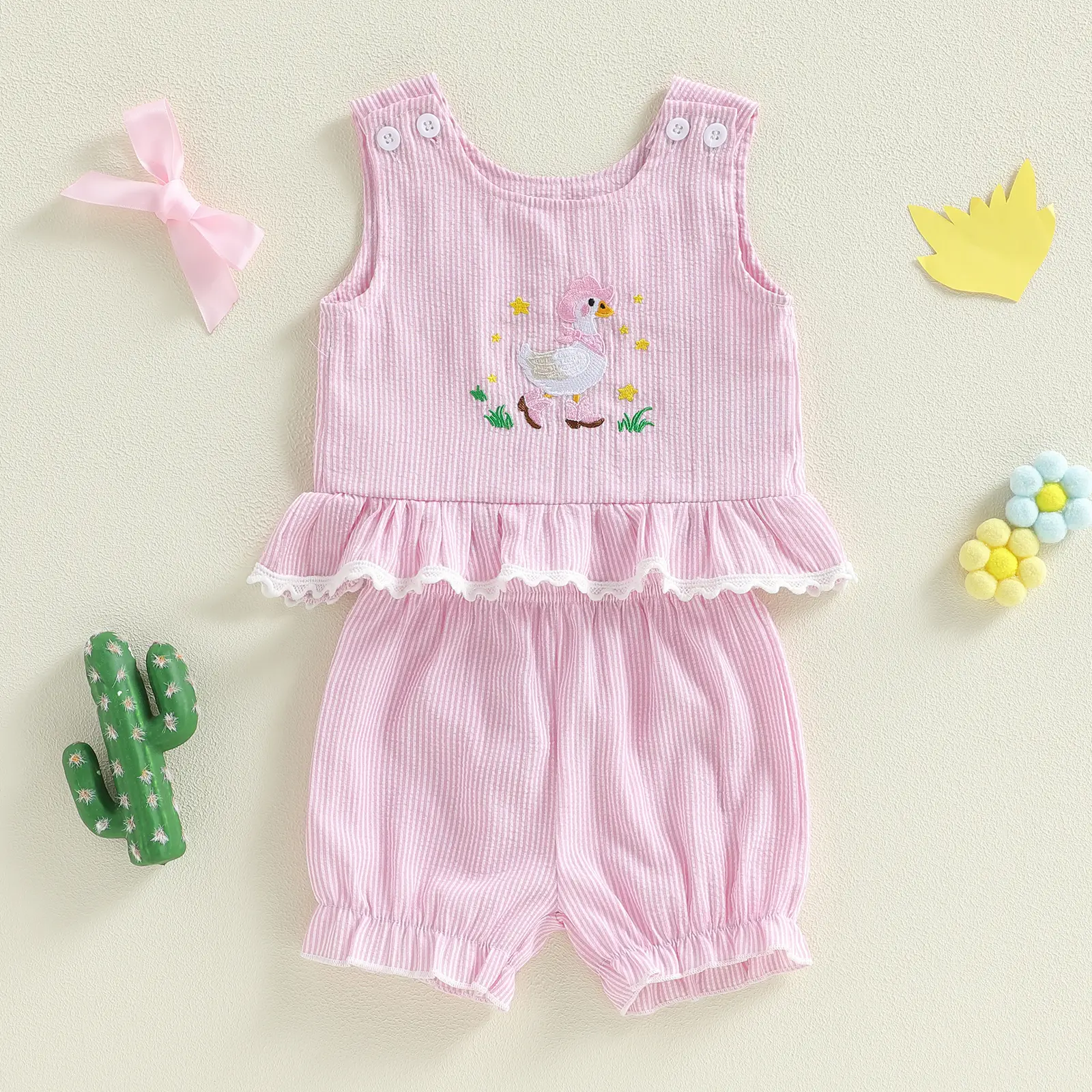 Toddler Baby Little Girls Summer Outfits Sleeveless Goose Embroidery Vest Tops and Elastic Waist Bloomer Shorts 6M-4Y