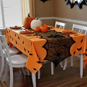 Halloween Themed Table Runner, Spider Web & Pumpkin Pattern Tablecloth, 1 Count, Table Decoration Supplies for Home Kitchen Dining Room