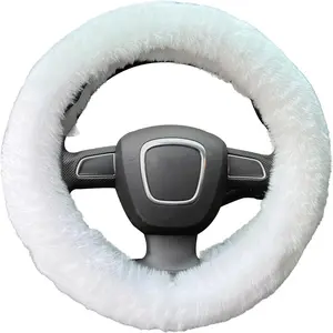 Fluffy Steering Wheel Cover for Women, Winter Fashion Wool Fur Soft Furry Steering Wheel Covers Fuzzy Warm Plush Non-Slip Car Decoration Universal Fit Most Car (White)