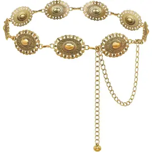 Western Concho Chain Belt for Women Vintage Cowgirl, Adjustable Metal Belts for Country Concert Dresses Jeans, Boho Waist Belt