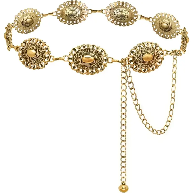 Women's Vintage Western Concho Chain Belt - 45.6 in Heavy-Duty Alloy Metal Western Belt with Lobster Hook, Adjustable Boho Waist Accessory for Country Concerts, Dresses, Jeans, Western Belts