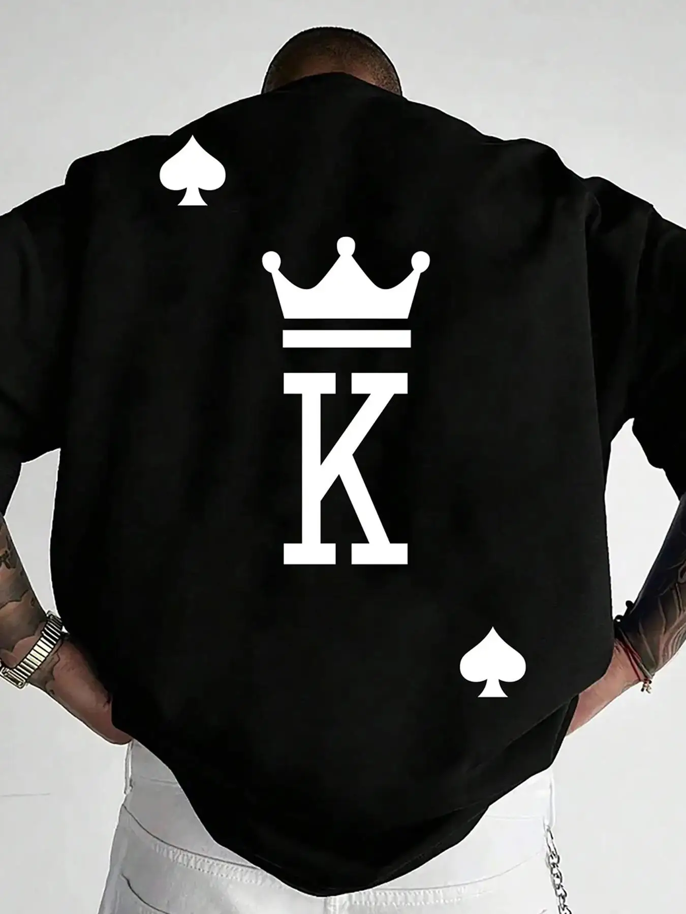 Men's Regular Fit Letter & Playing Card Print Drop Shoulder Round Neck Tee, Summer Clothes Streetwear Casual Soft Comfy Crew Neck Half Sleeve Top, Gra